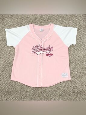 Y2K pink and white Milwaukee Brewers baseball jersey